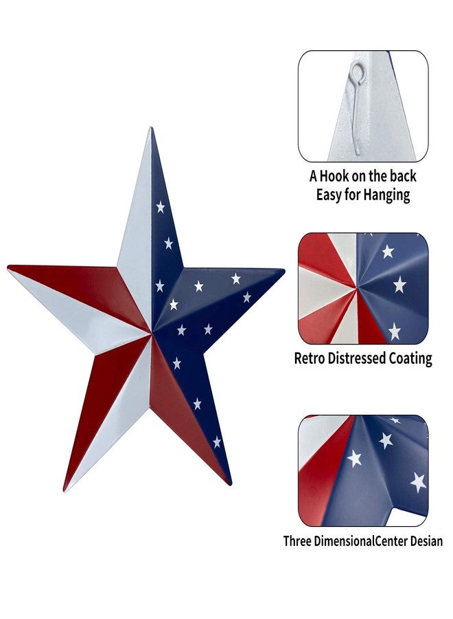 Gofunfun Metal Barn Star Art - American Flag Patriotic 9-Inch Star Wall Decoration, Wall Mount 3D Barn Star Decor July of 4th Decoration, Set of 3 - Image 2